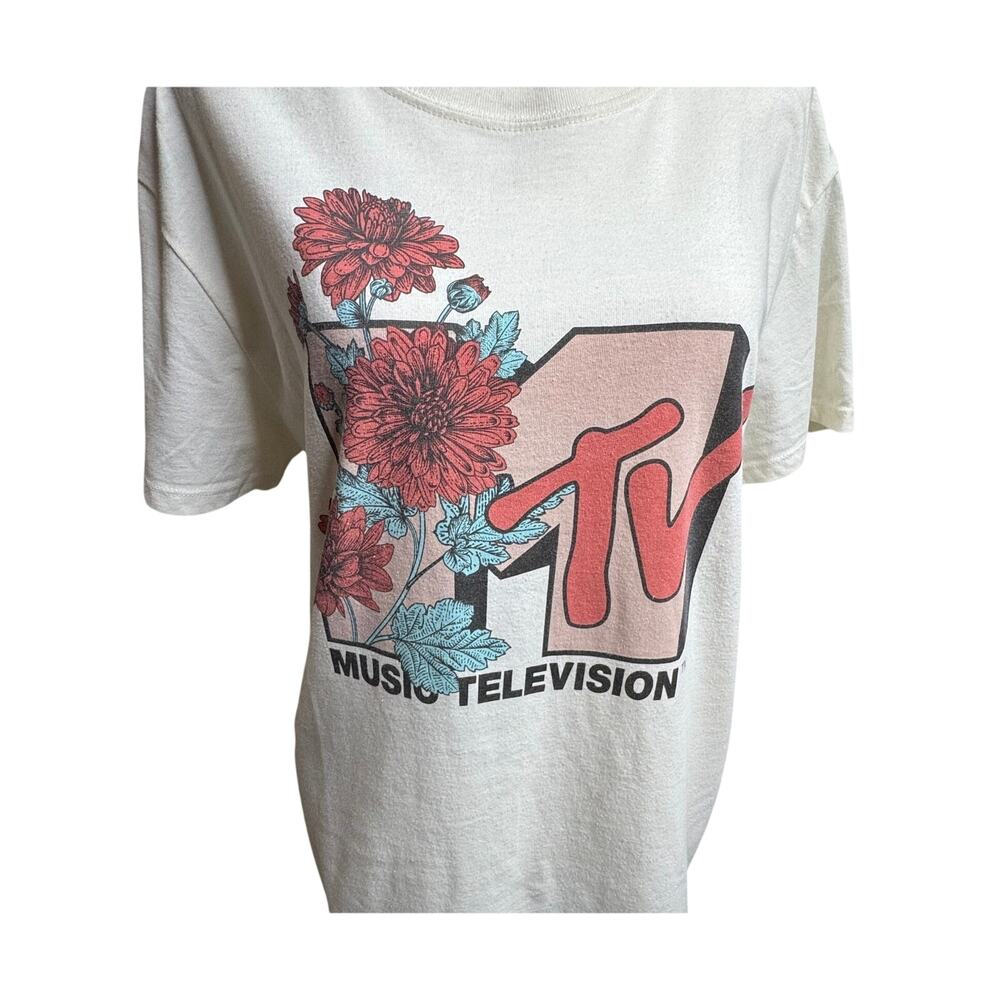MTV Ivory Cream Floral Graphic T-Shirt Size Large - Picture 7 of 9